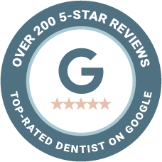 Badge saying Over 150 5 star reviews top rated dentist on Google